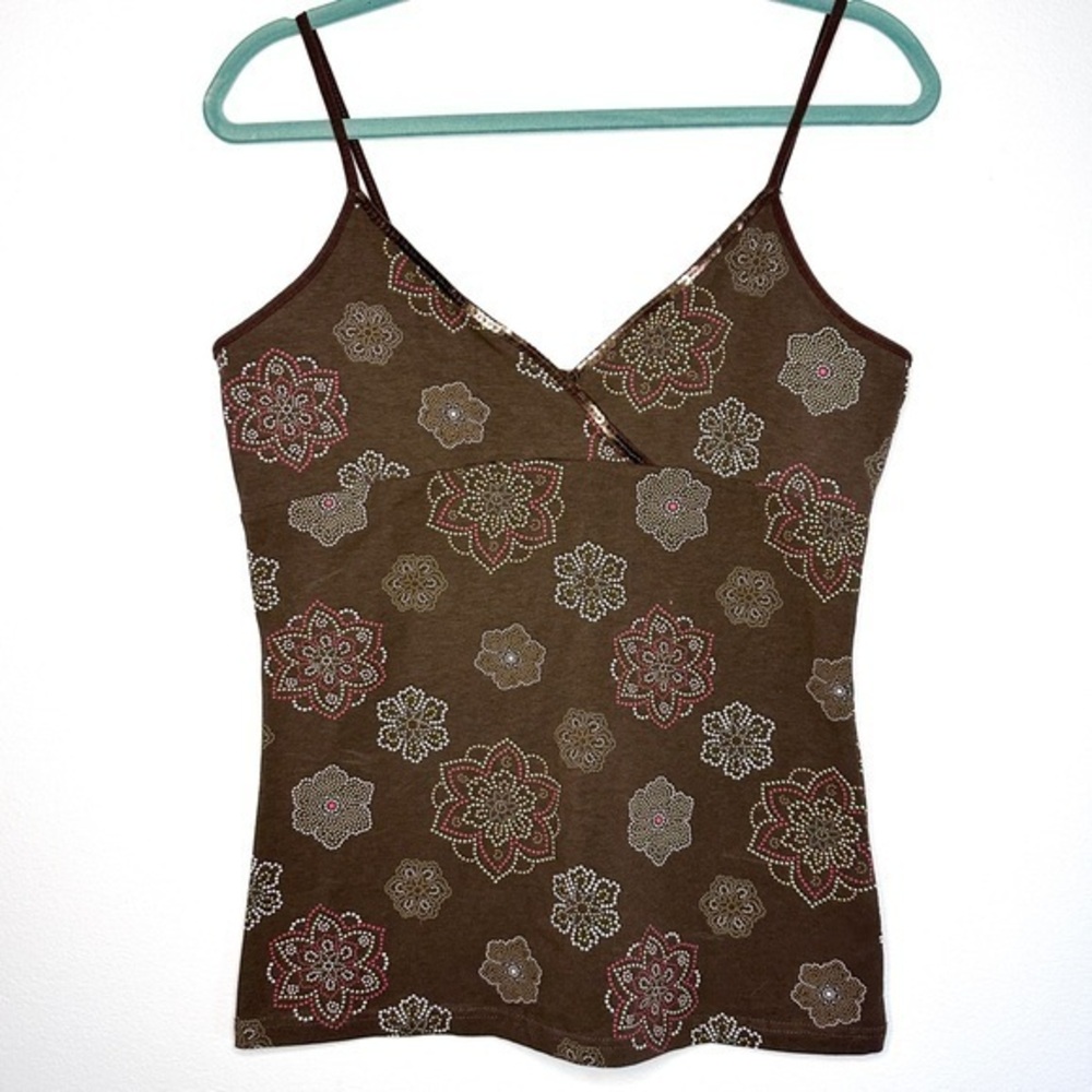 NEW! Y2K energie Babydoll Cami Tank Top Brown Sequin Boho Floral Kawaii XL *Flaw